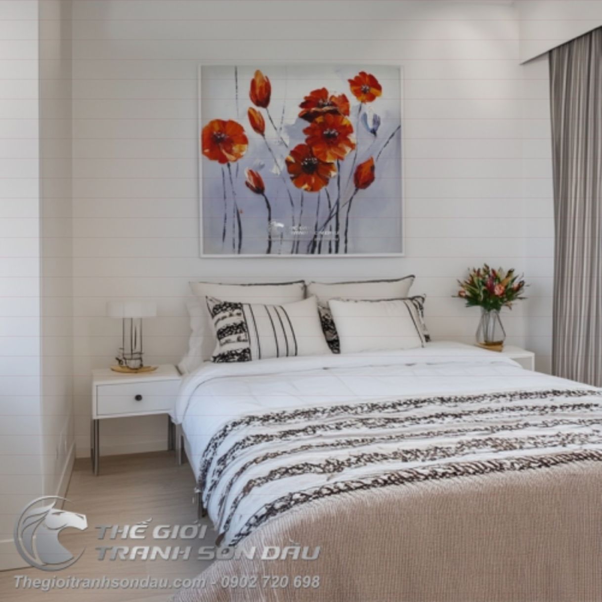 Tranh Sơn Dầu Vườn Hoa Đỏ Treo Phòng Khách Sang Trọng Đa Sắc 