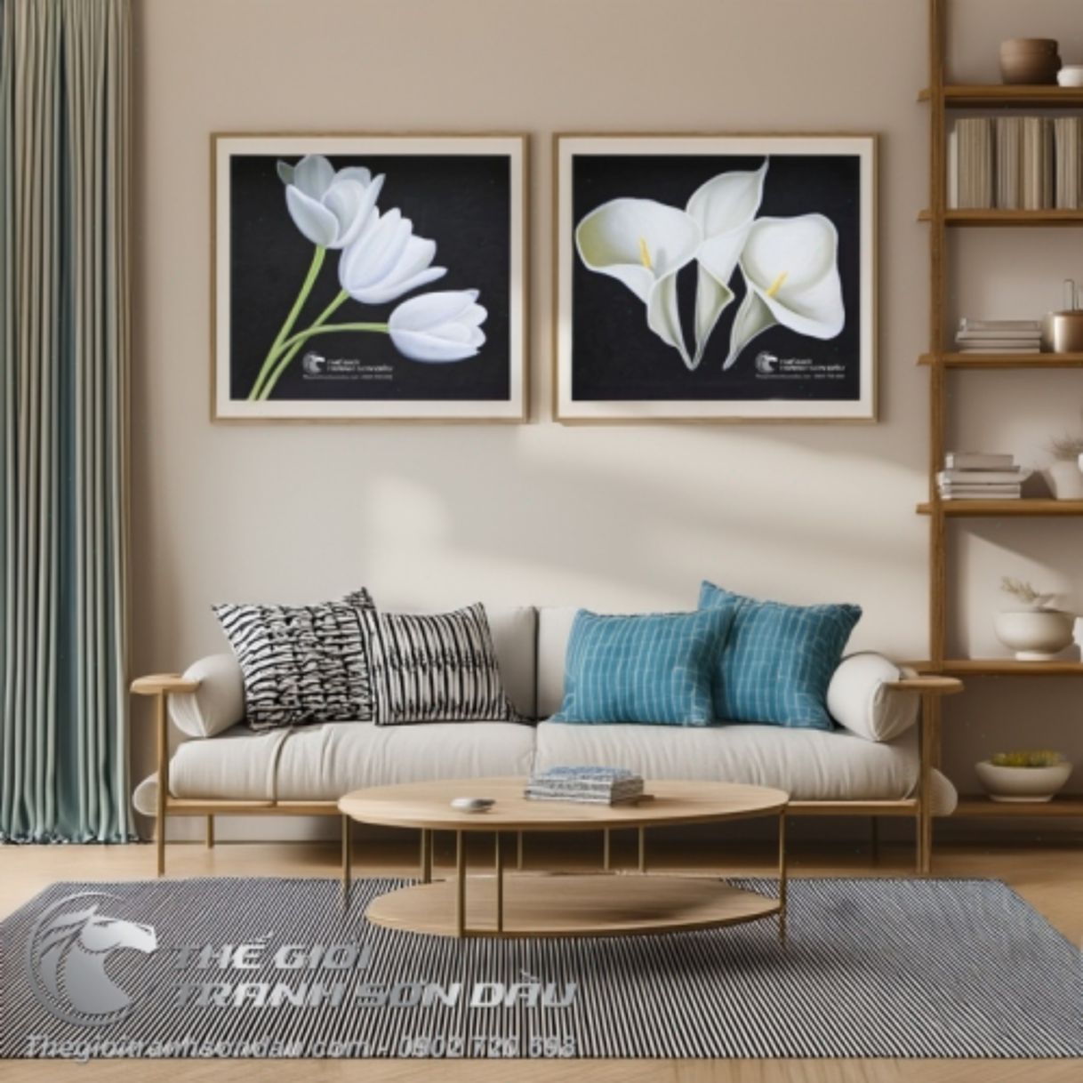 Tranh Sơn Dầu Hiện Đại Hoa Trắng Bộ 2 Tấm Khung 6cm 