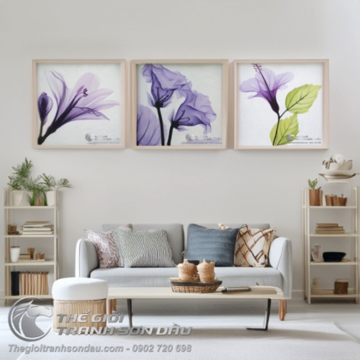 Tranh Sơn Dầu Hiện Đại Hoa Màu Tím Bộ 3 Tấm Đa Dạng Kích 