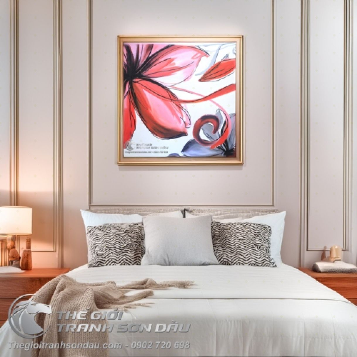 Tranh Sơn Dầu Hoa Màu Hồng Ấn Tượng Khung 60-100cm Đa Sắc Màu 