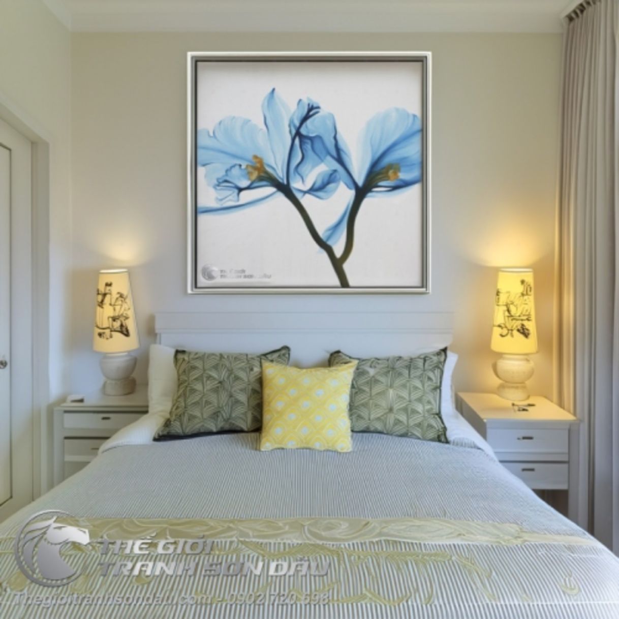 Tranh Sơn Dầu Hoa Lan Hiện Đại Màu Xanh Tinh Tế Đẹp 
