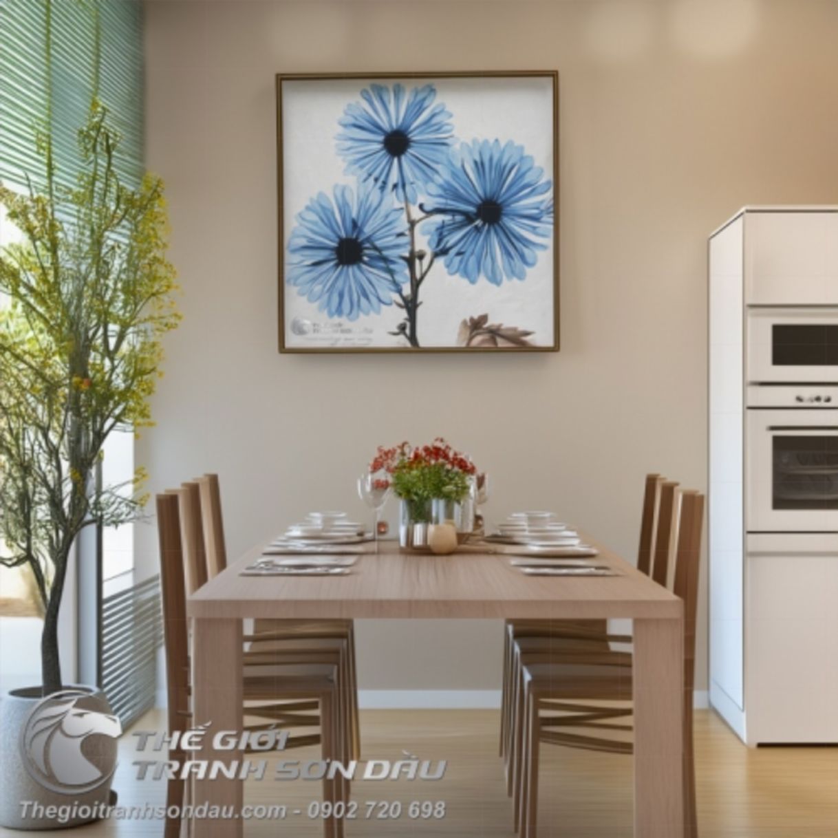 Tranh Sơn Dầu Hoa Cúc Hiện Đại Màu Xanh Tươi Sáng 60x90cm 