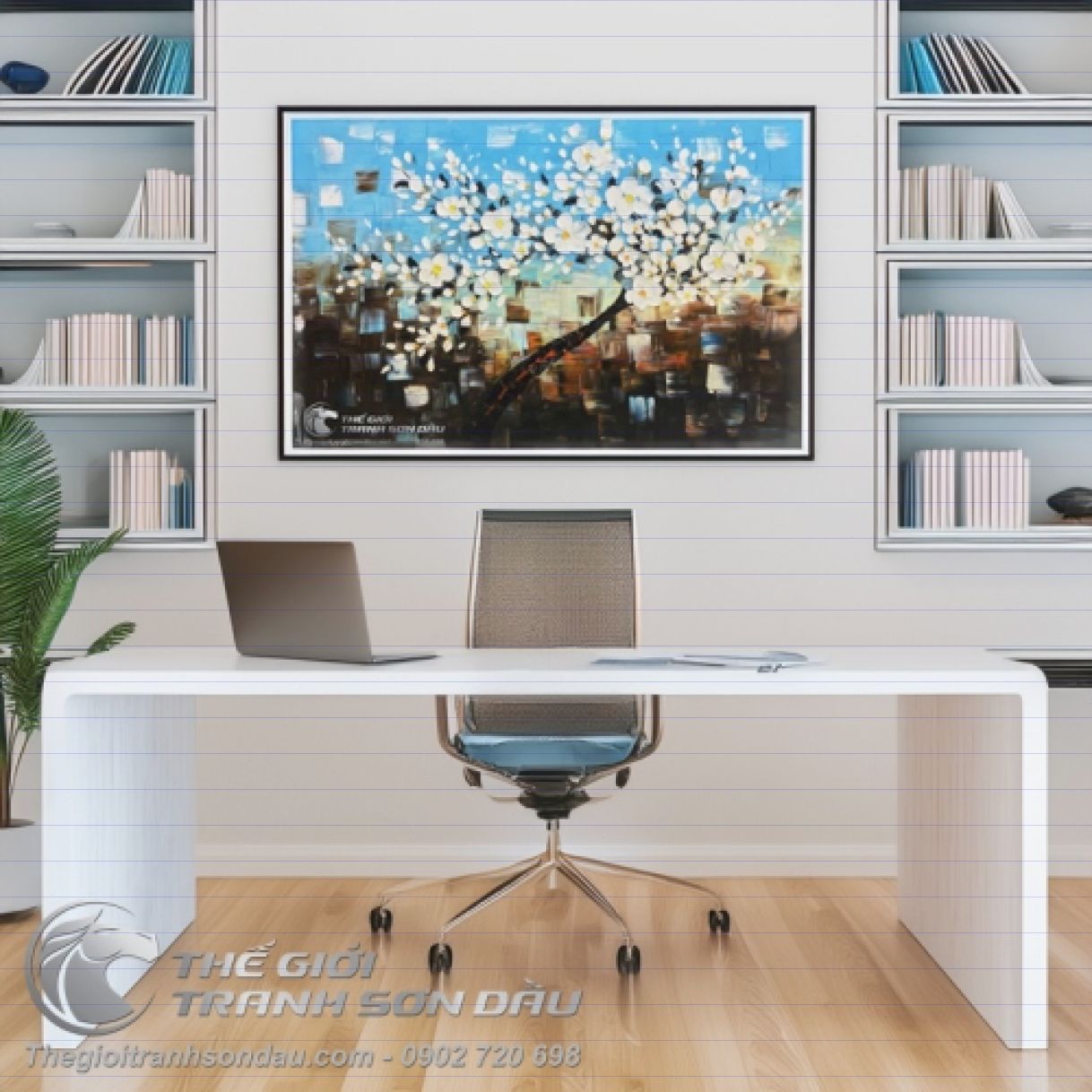 Tranh Sơn Dầu Cây Hoa Trắng Bầu Trời Xanh 80x120cm Khung 7cm 