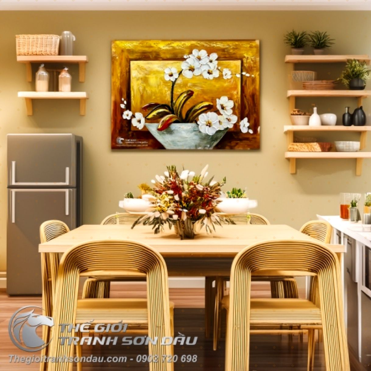 Tranh Chậu Hoa Lan Trắng Sơn Dầu 60x80cm Trang Trí Đẹp Khung 8cm 
