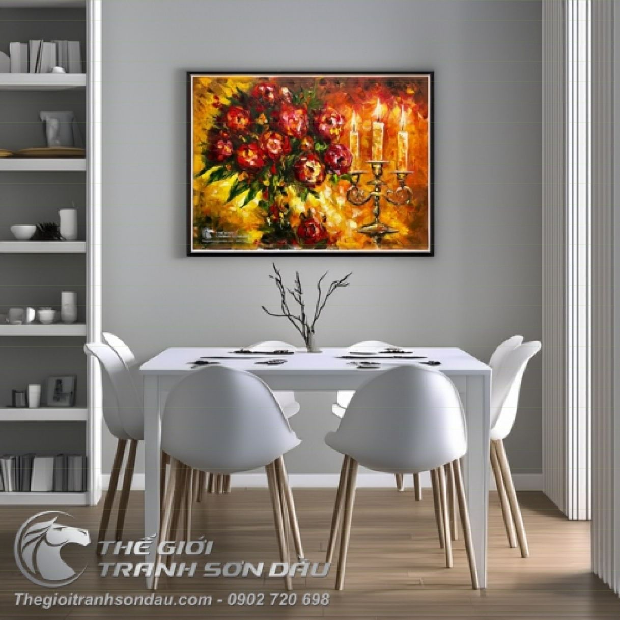 Bức tranh sơn dầu Đêm Hoa lãng mạn 60x80cm đa sắc khung 8cm 