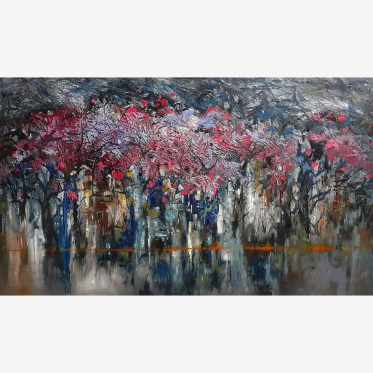 Tranh mùa xuân đã về phố sơn dầu 90x150cm sống động chân thực 