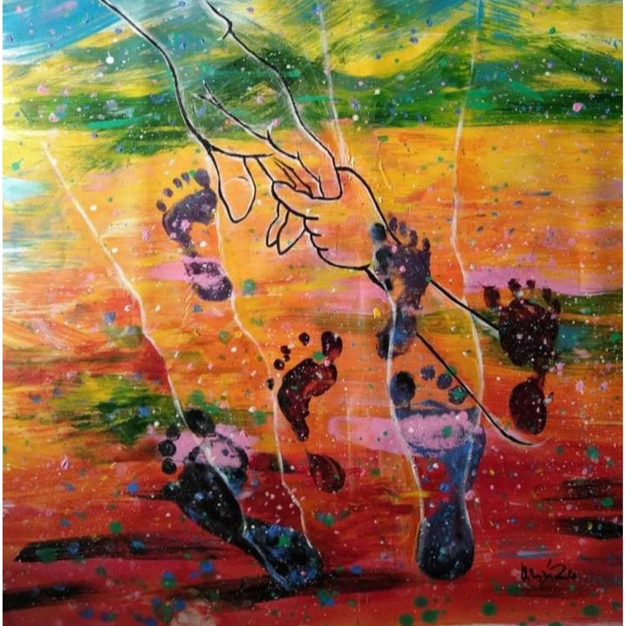 Tranh Quang Quý Đường Trần Cha Và Con acrylic 70x70cm sáng tác 