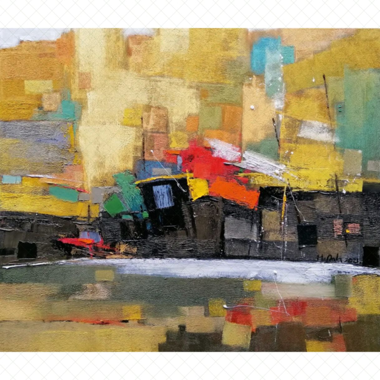 Tranh Xóm Nghèo Bên Sông Sơn Dầu Toan 120x140cm 