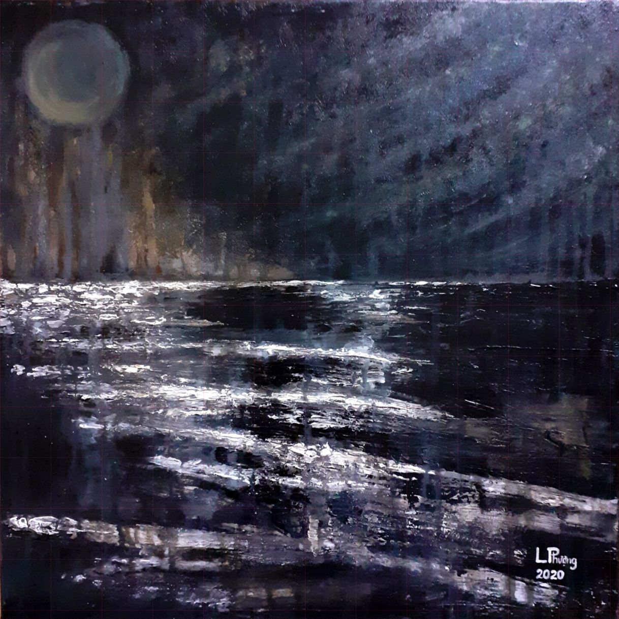 Tranh Trừu Tượng Sau Cơn Mưa Đêm Acrylic Canvas 50x50cm Độc Bản 