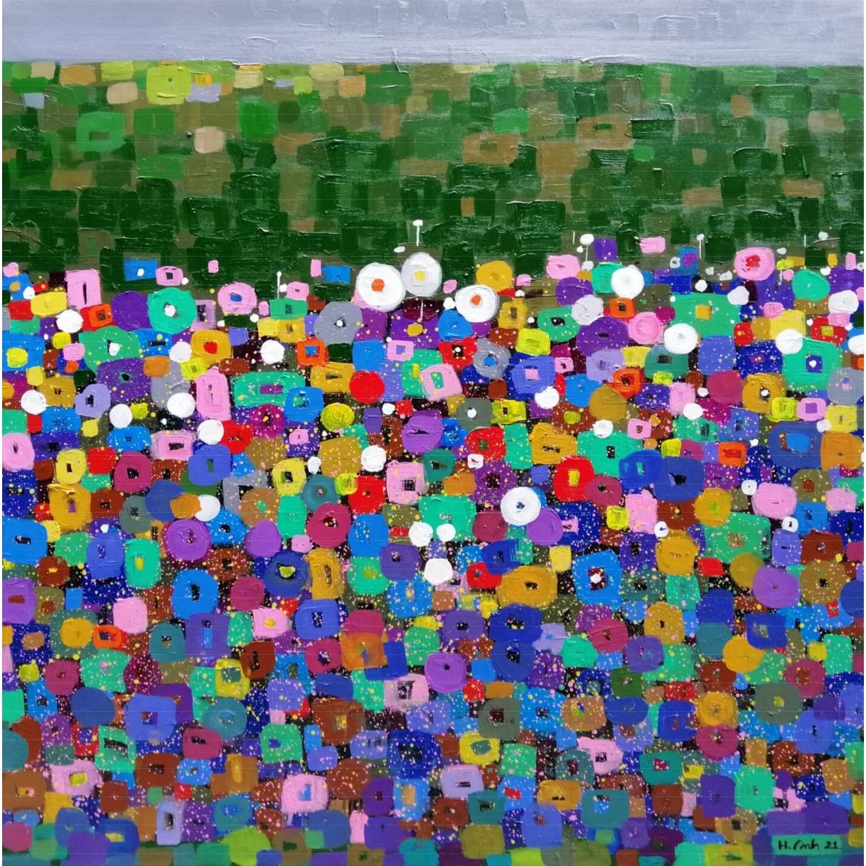 Tranh Sơn Dầu Đồi Hoa Mùa Xuân Acrylic 120x120cm Nhẹ Nhàng 
