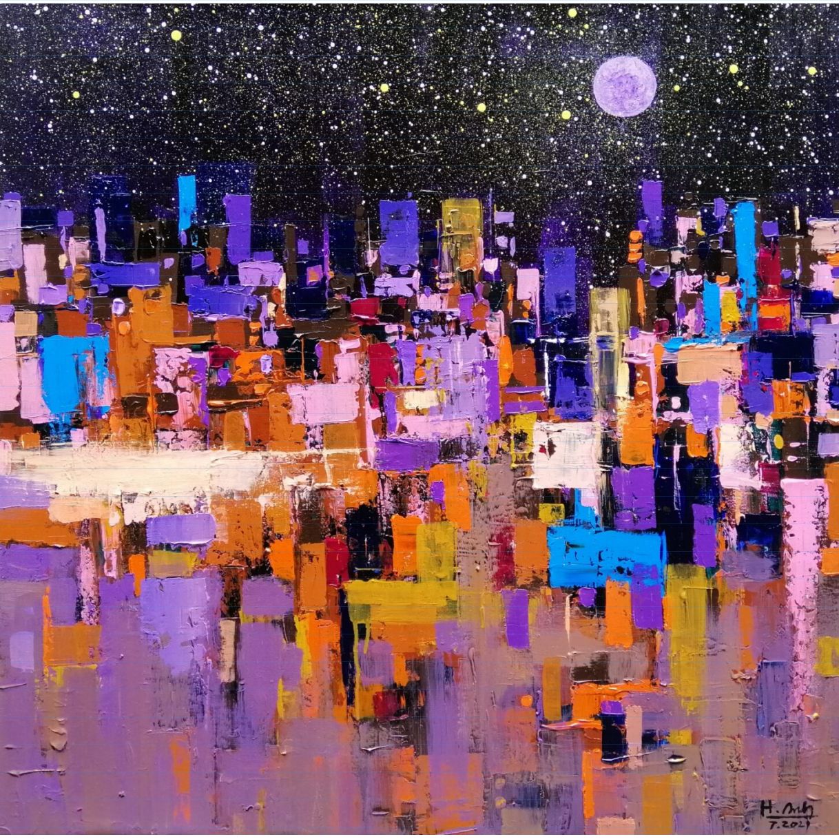 Tranh Trừu Tượng Trăng Rằm Acrylic 90x90cm Độc Bản Sang Trọng 