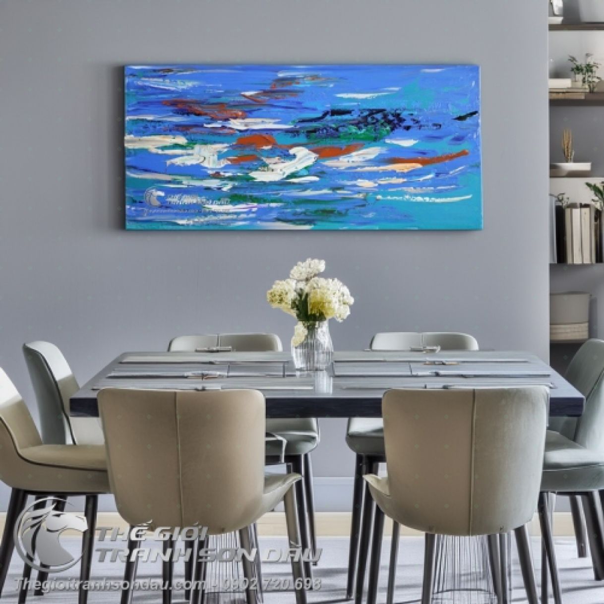 Tranh trừu tượng sóng biển sơn dầu đa sắc 50x110cm tranh trang trí đẹp 