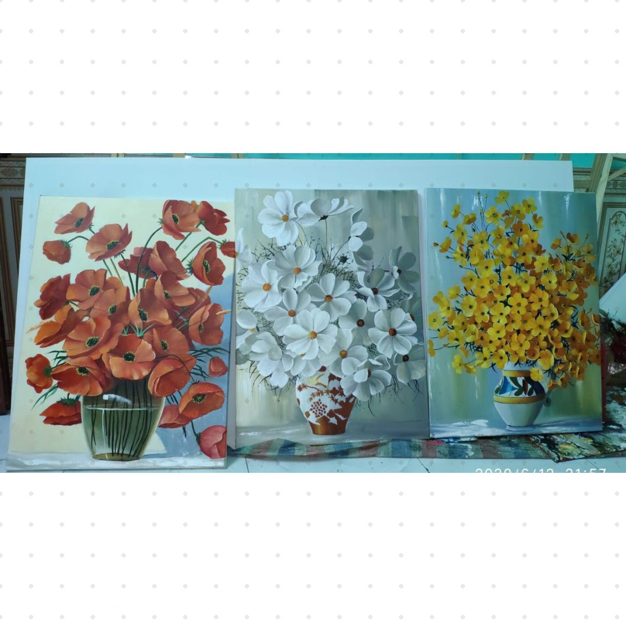 Tranh Tĩnh Vật Bộ Hoa Sơn Dầu 80x180cm Đẹp Sang Trọng Độc Quyền 