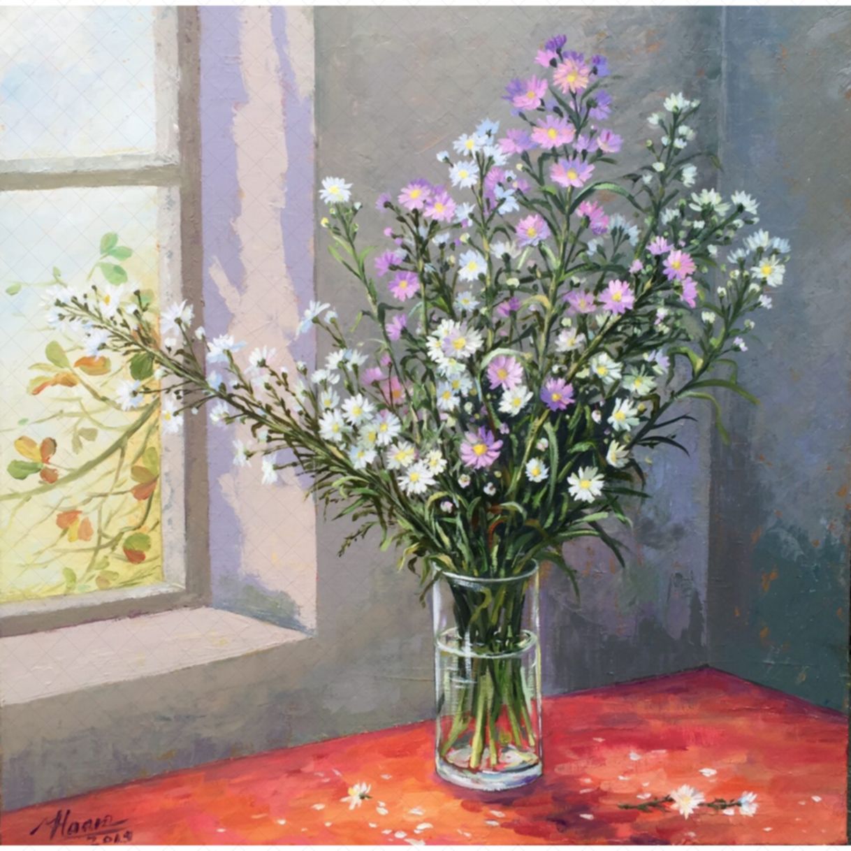 Tranh Hoa Tĩnh Vật Mùa Thu Sơn Dầu 60x60cm Độc Bản Sang Trọng 