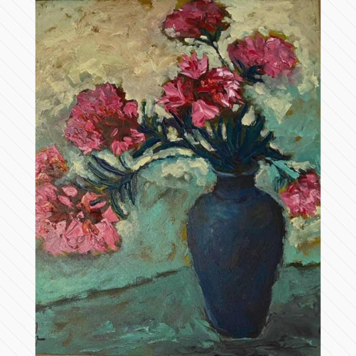 Tranh Sơn Dầu Tĩnh Vật Hoa Trúc Đào 54x65cm sáng tác năm 2018 đẹp 