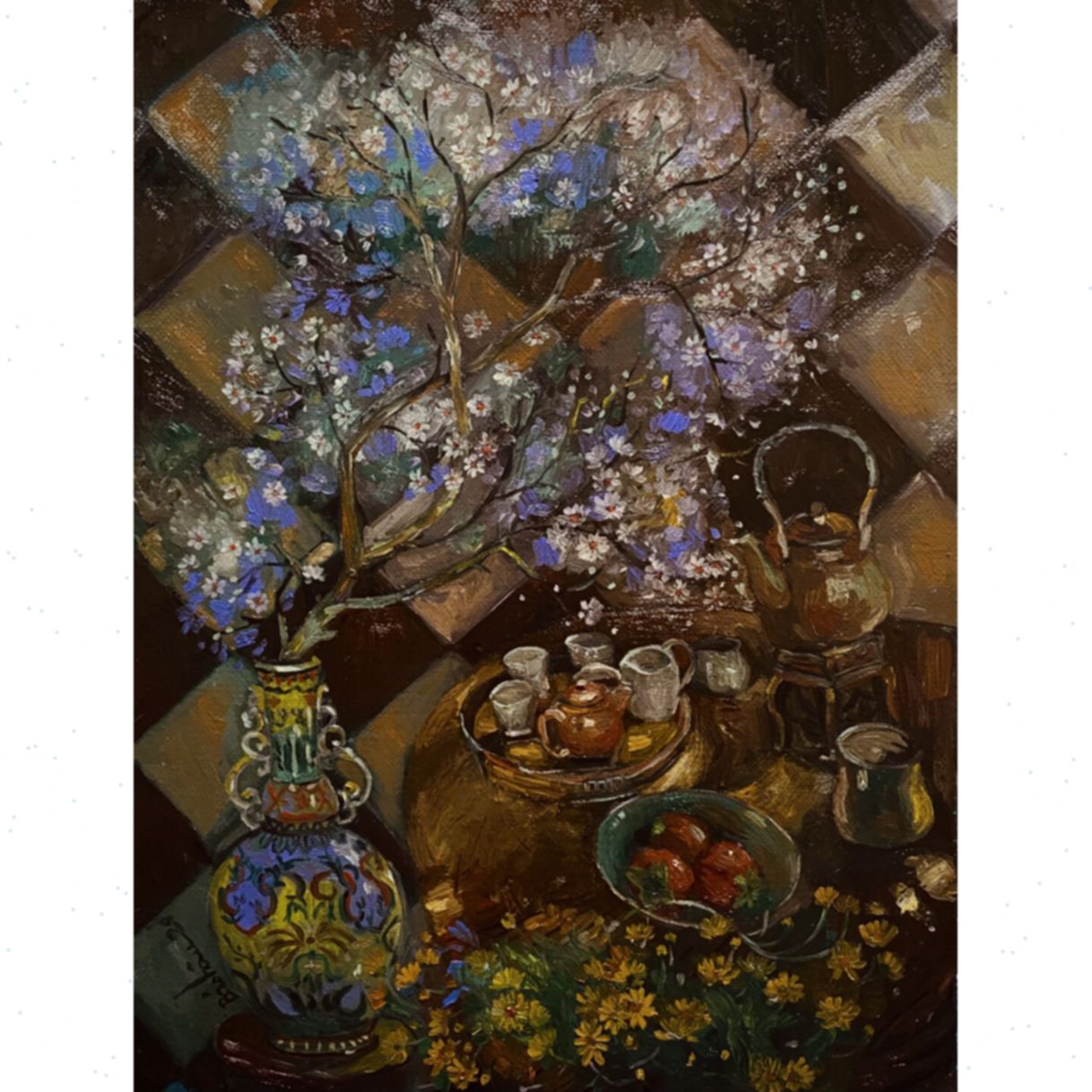 Tranh sơn dầu ngày cuối năm 60x80cm có khung sang trọng 