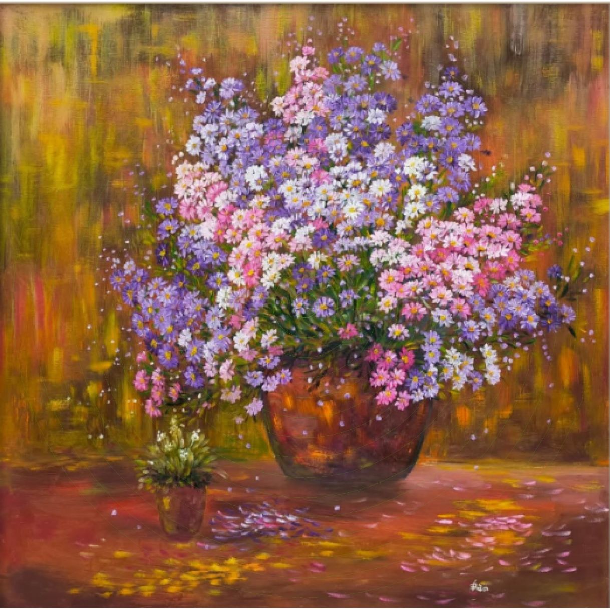 Tranh hoa nắng giao mùa 80x80cm sơn dầu bền màu có khung sang 