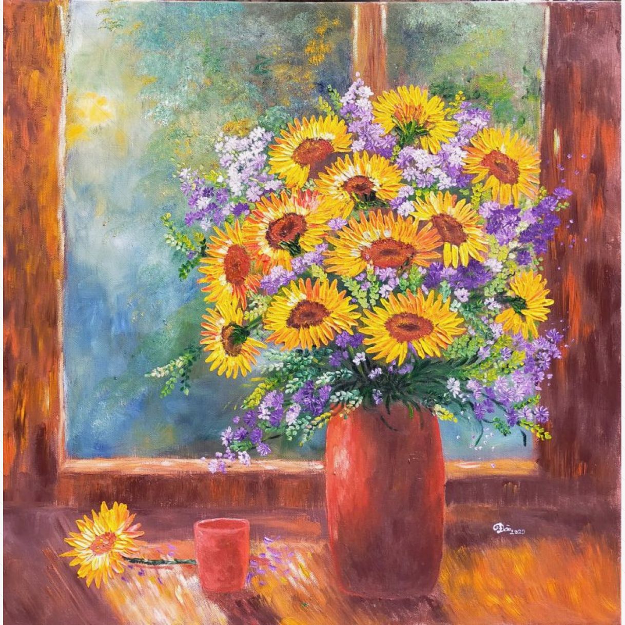 Tranh Sơn Dầu Hoa Nắng 80x80cm Có Khung Bền Màu Sang Trọng 