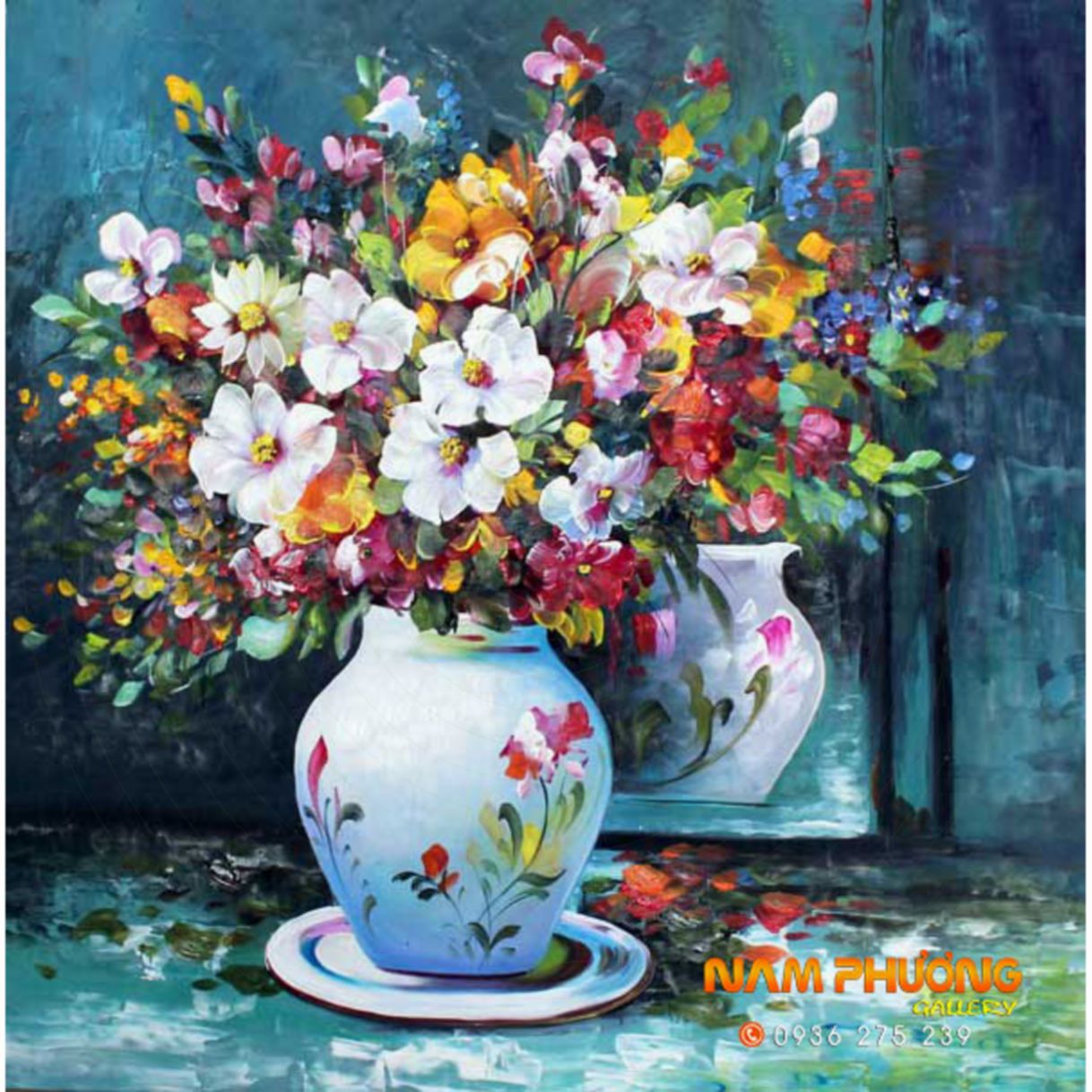 Tranh sơn dầu bình hoa cúc đẹp tsd350 canvas nhập khẩu 60x80cm tranh tay 