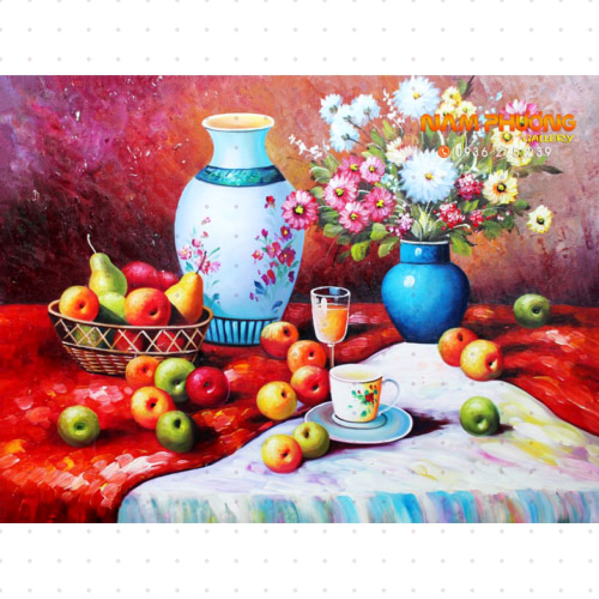 Tranh Sơn Dầu Quả Táo Trên Bàn Canvas Khung Composite Cao Cấp 