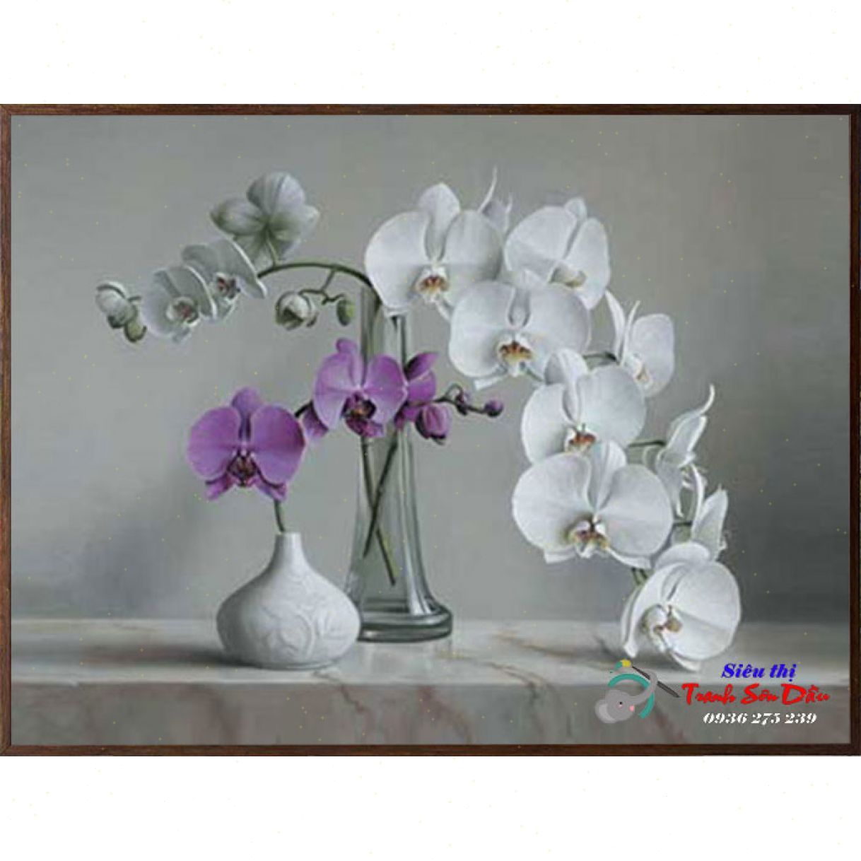 Tranh Sơn Dầu Bình Hoa Lan Trên Bàn Vải Canvas Khung Gỗ 