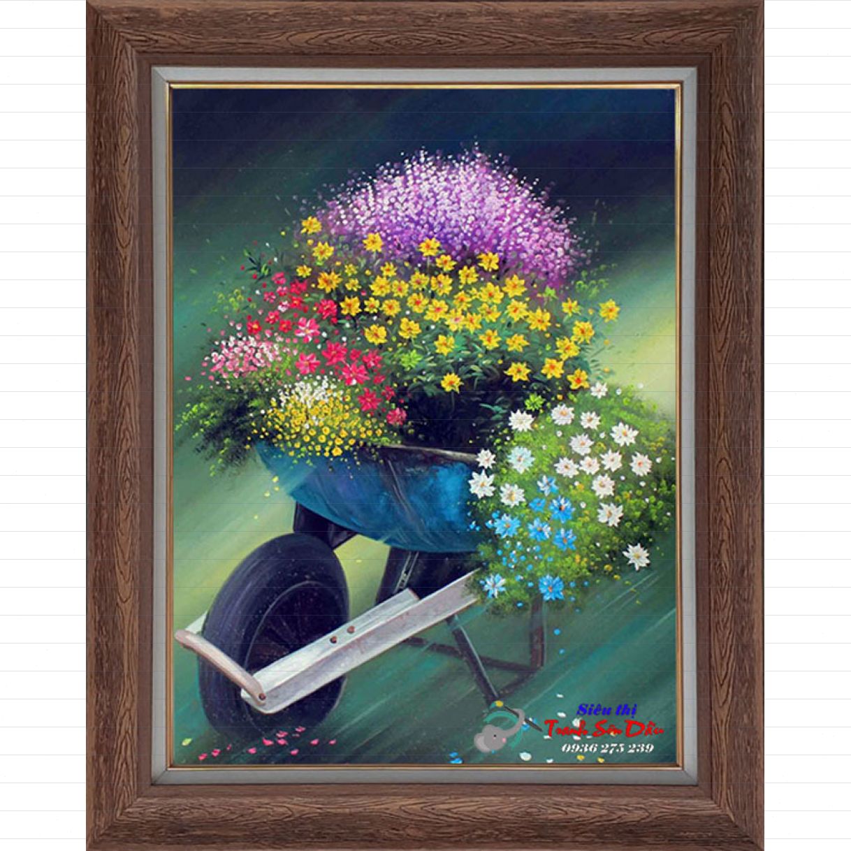 Tranh Xe Chở Hoa Sơn Dầu Đa Sắc Vải Canvas Khung Composite 