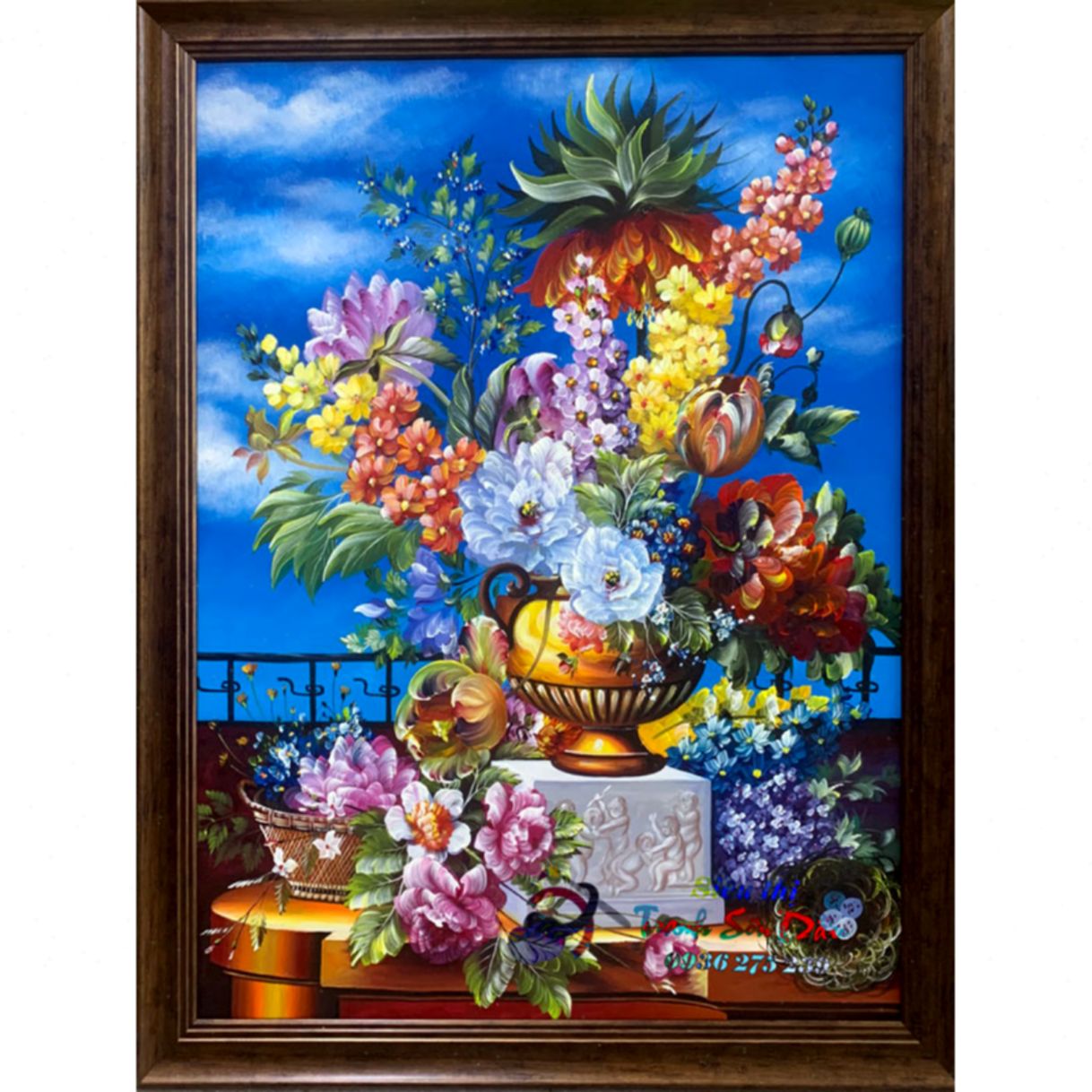 Tranh bình hoa mẫu đơn sắc màu sơn dầu vẽ tay canvas khung composite 