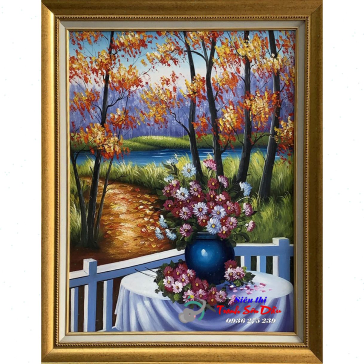 Tranh Tĩnh Vật Bình Hoa Cúc Sơn Dầu Vải Canvas Khung Gỗ 