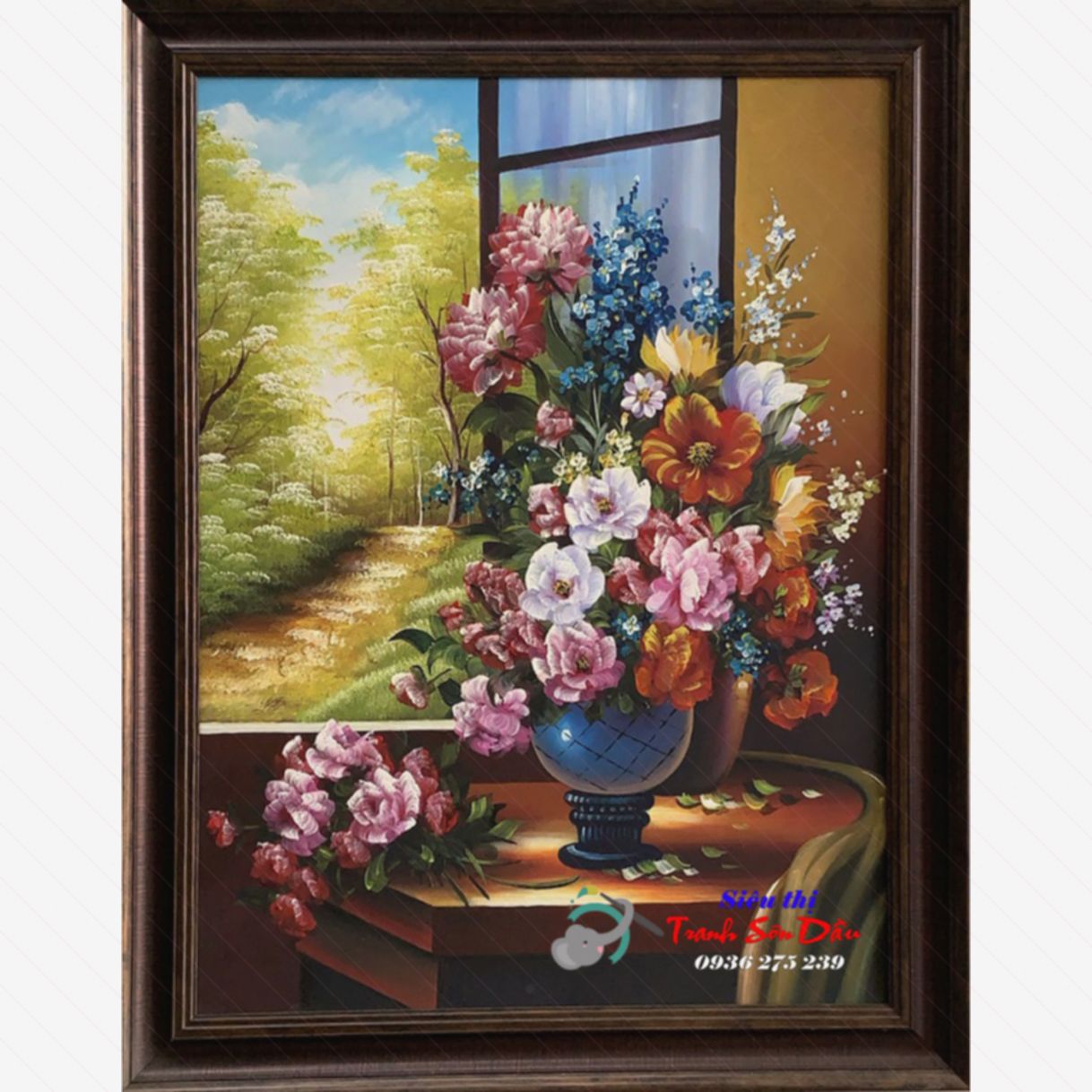 Tranh bình hoa mẫu đơn sơn dầu 75x95cm canvas nhập khẩu 100% tay nghề 