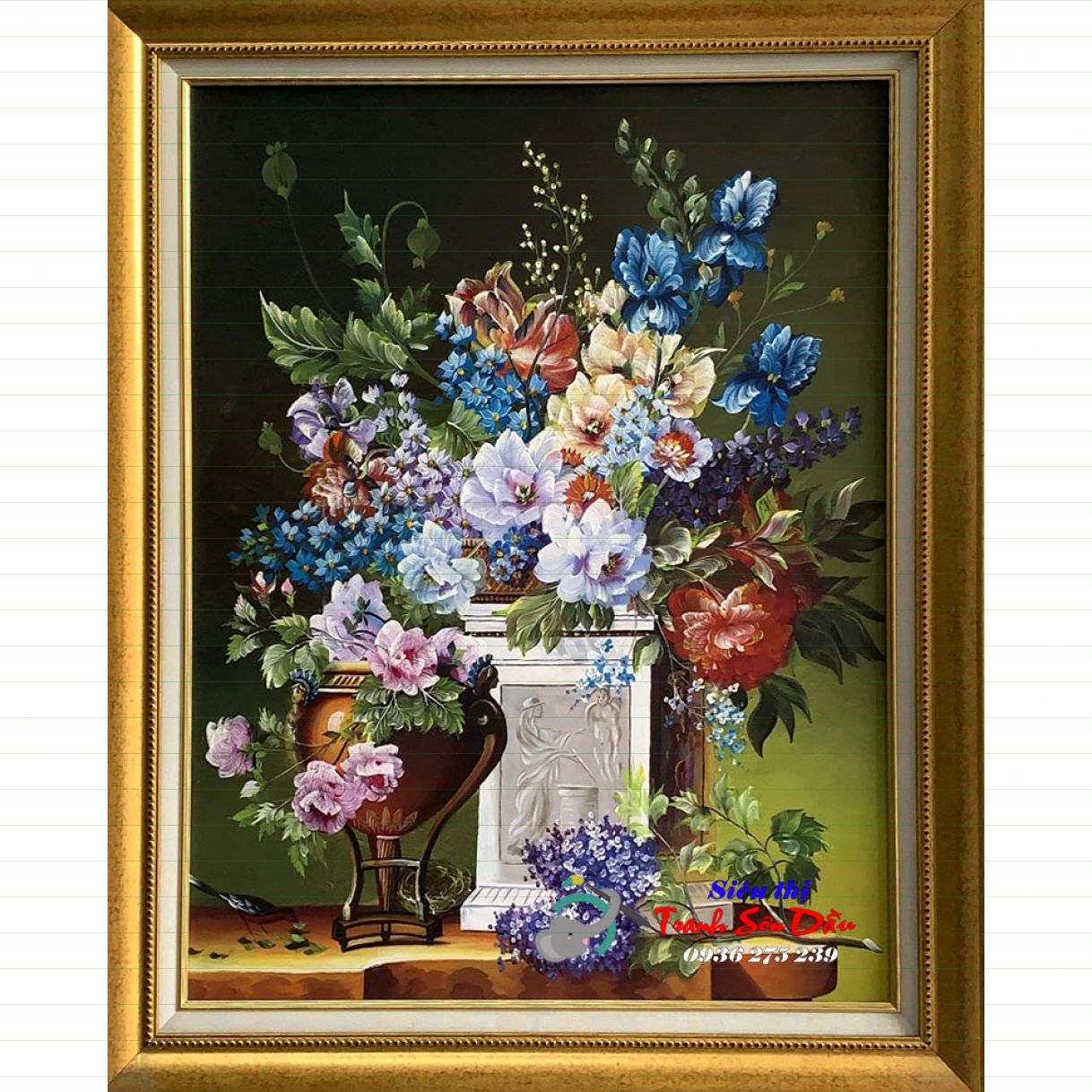 Tranh Sơn Dầu Bình Hoa Mẫu Đơn 75x95cm Canvas Khung Gỗ 