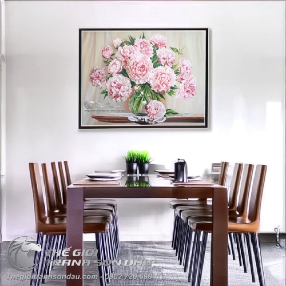 Tranh Sơn Dầu Bình Hoa Mẫu Đơn Màu Hồng Đa Kích Thước 