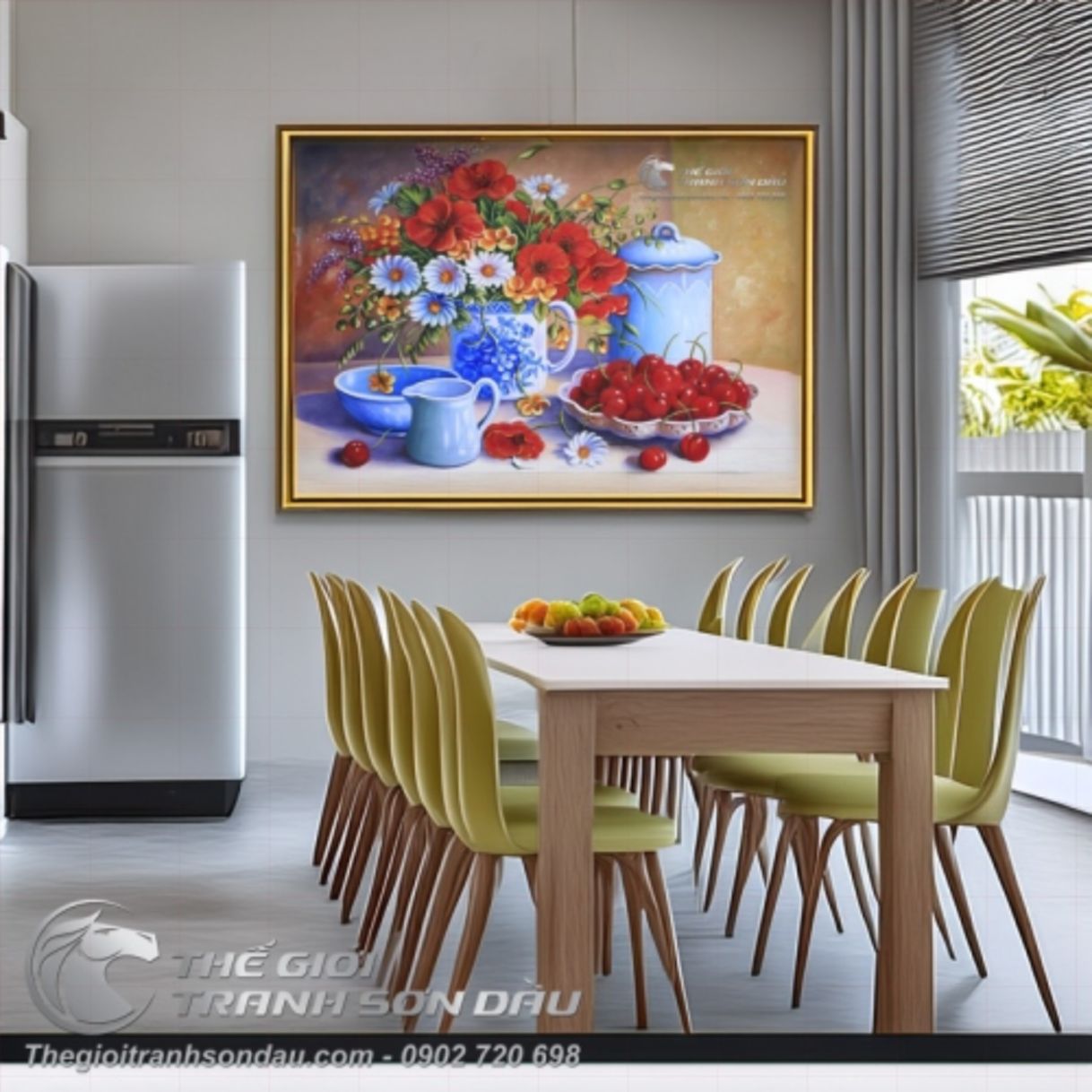 Tranh Sơn Dầu Tĩnh Vật Bình Hoa Quả Cherry đa sắc kích thước lớn 