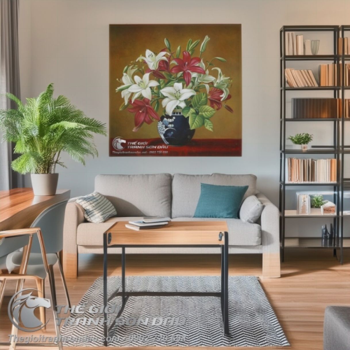 Tranh Sơn Dầu Bình Hoa Lily Đa Sắc Kích Thước Lớn Đẹp 