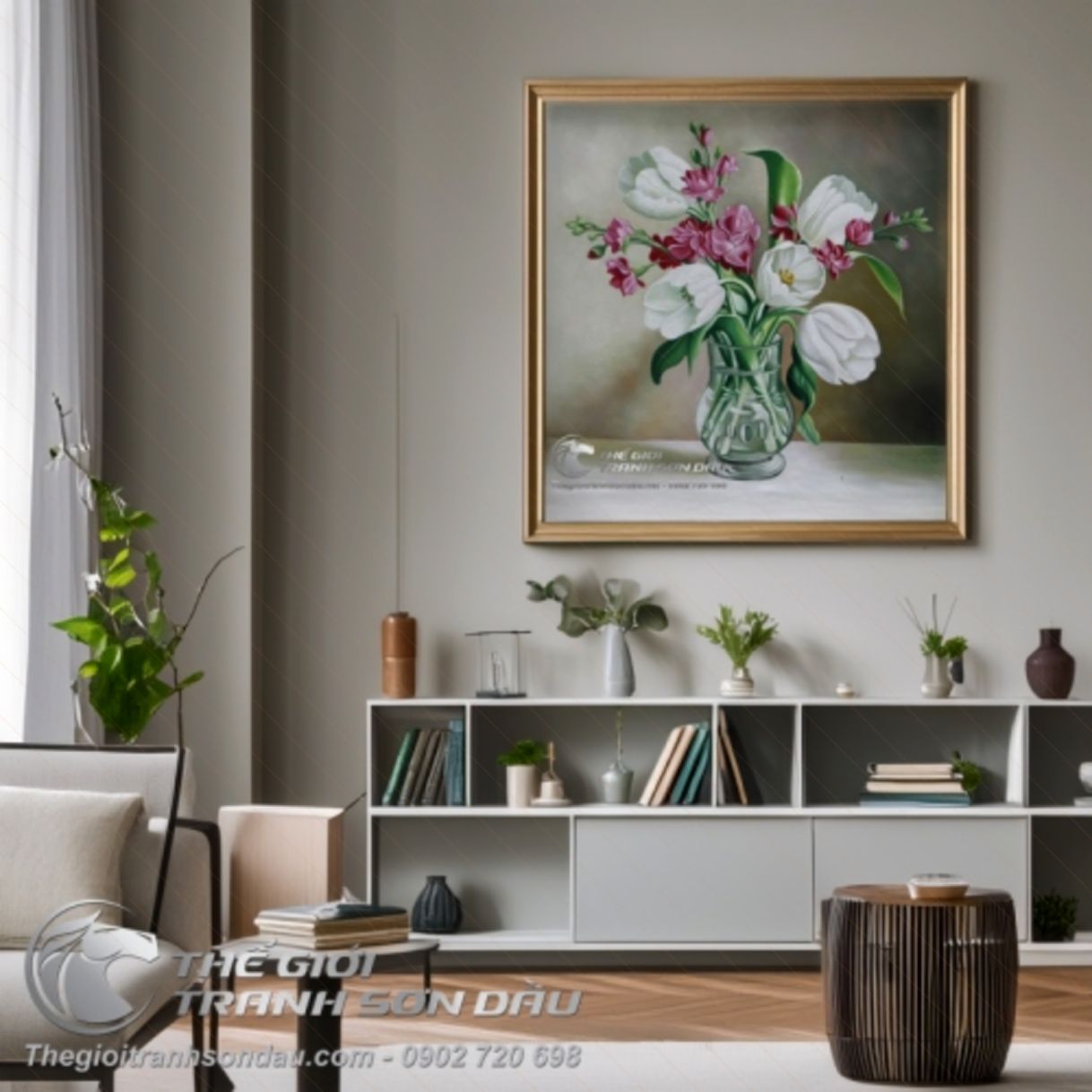 Tranh Sơn Dầu Bình Hoa Tả Thực Đa Kích Thước Trang Trí 
