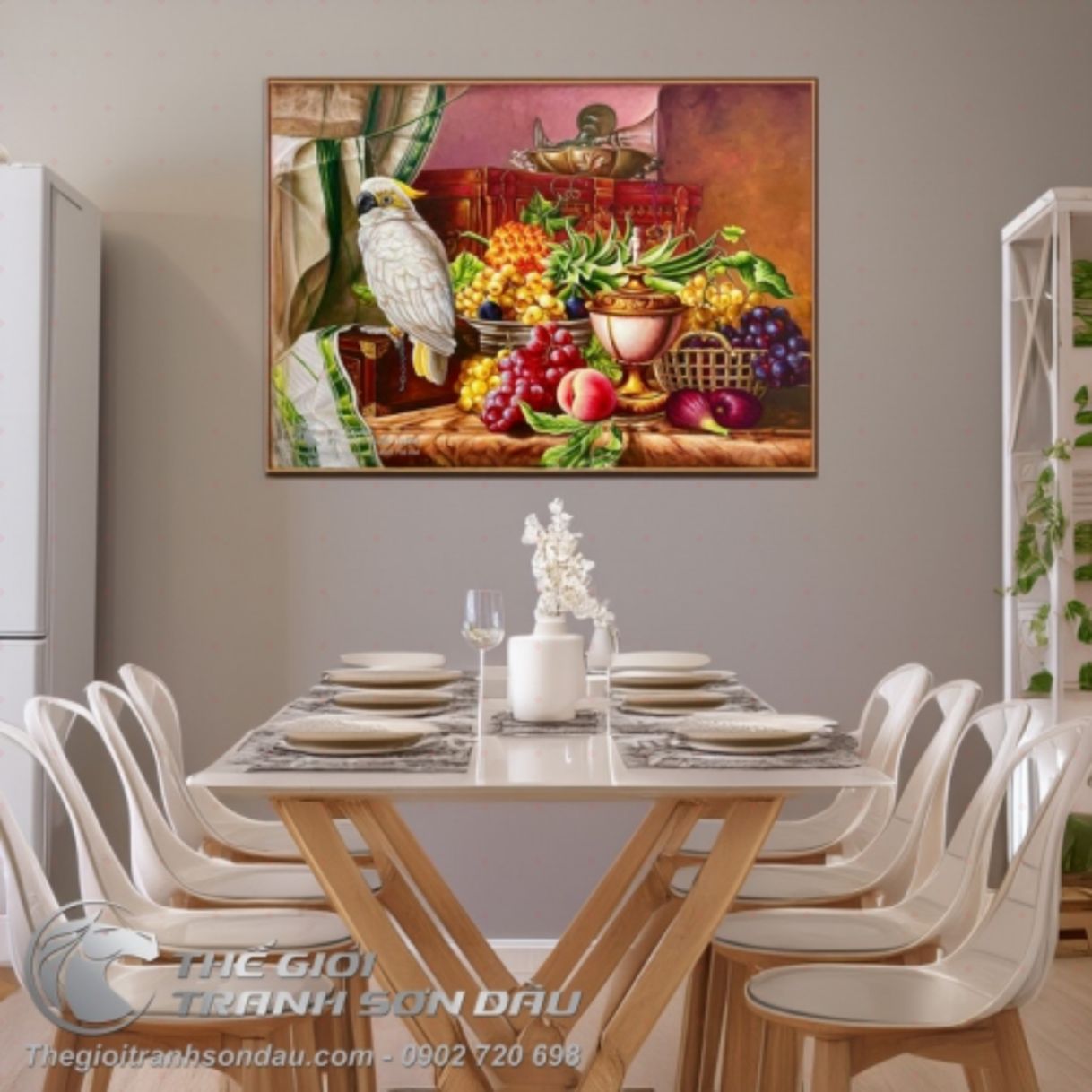 Tranh Sơn Dầu Tĩnh Vật Vẹt Bên Đĩa Trái Cây Nghệ Thuật Trang Trí 