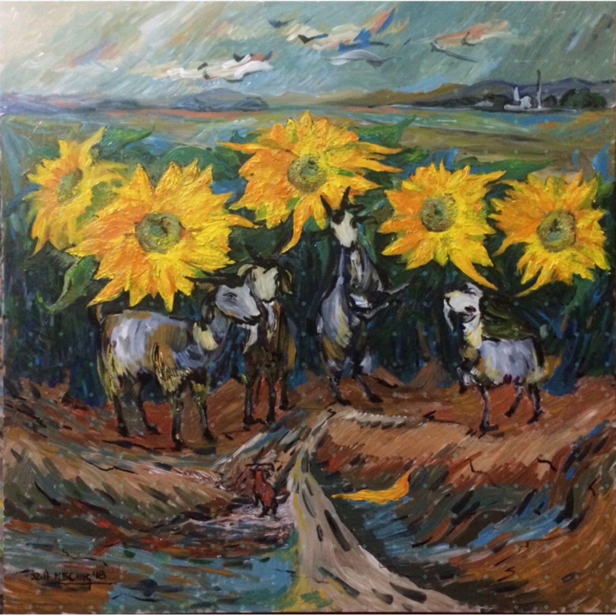 Bá Cung Tranh Hoa Hướng Dương Con Dê Acrylic 62x62cm Độc Bản 