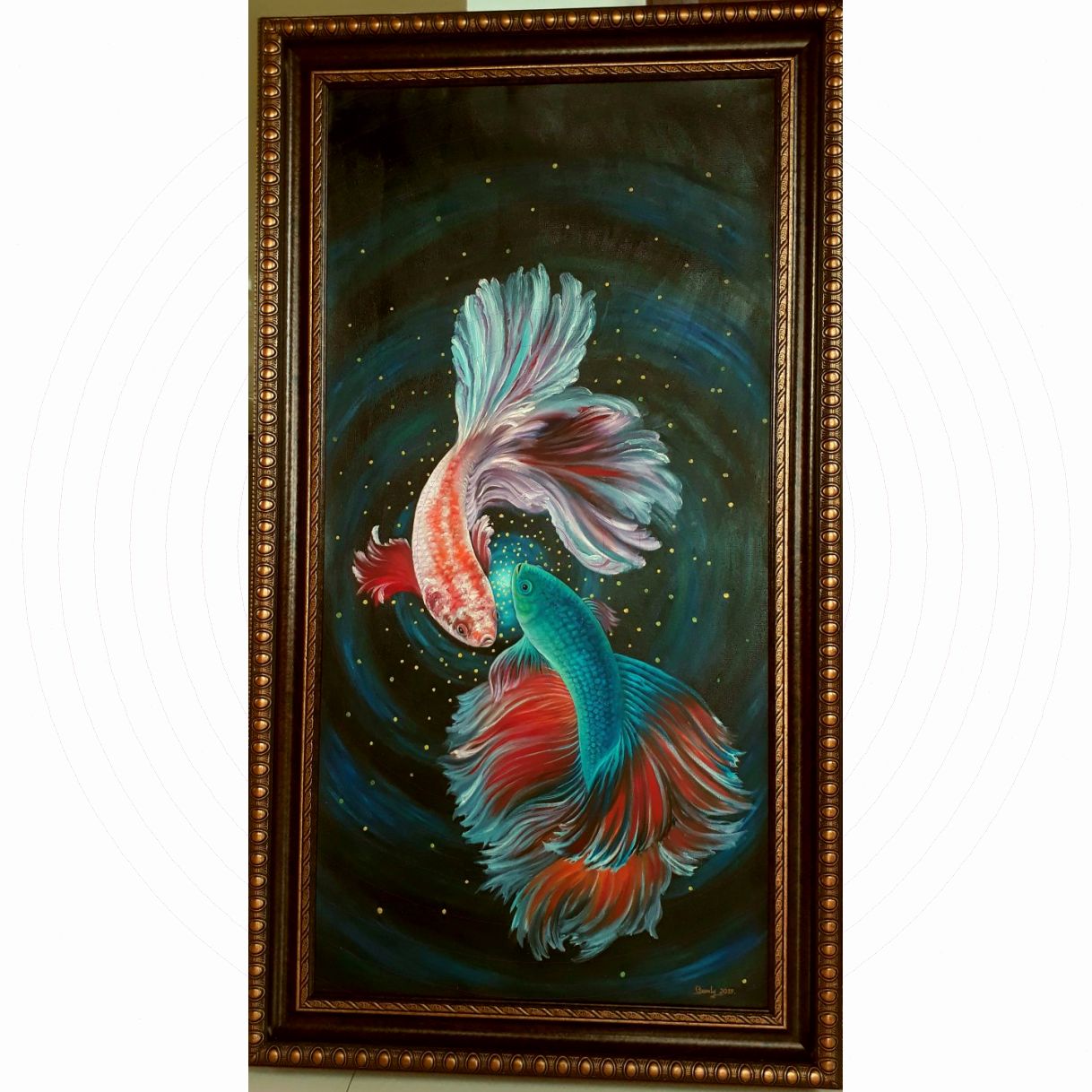 Đàm Ly Tranh Điệu Song Ngư Sơn Dầu Canvas 100x50cm Độc Bản 