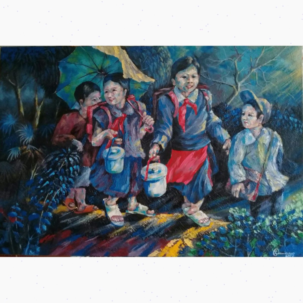 Tranh đi học xa acrylic 80x130cm tranh sáng tác độc bản chất lượng 