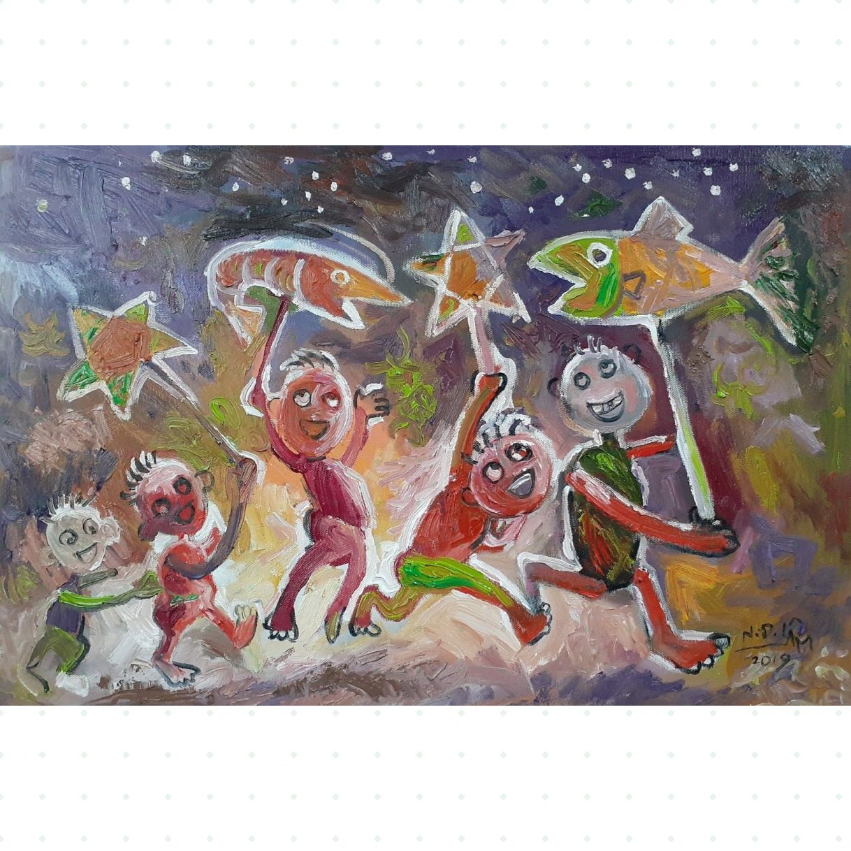 Tranh Nghệ Thuật Rước Đèn Sơn Dầu 40x60cm Họa Sĩ Nguyễn Đức Lâm 