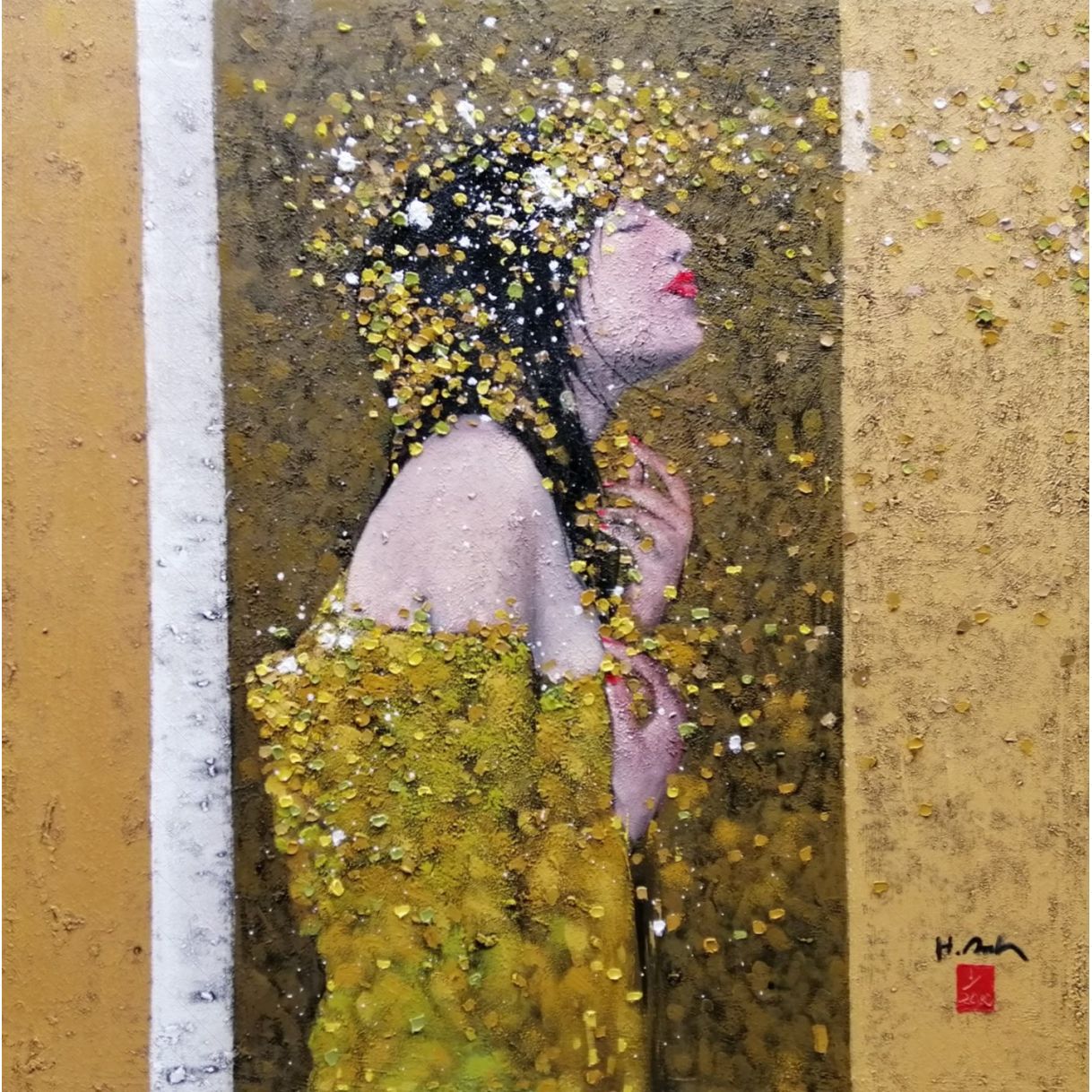Tranh sơn dầu gió thu hoàng anh kích thước lớn 120x120cm 