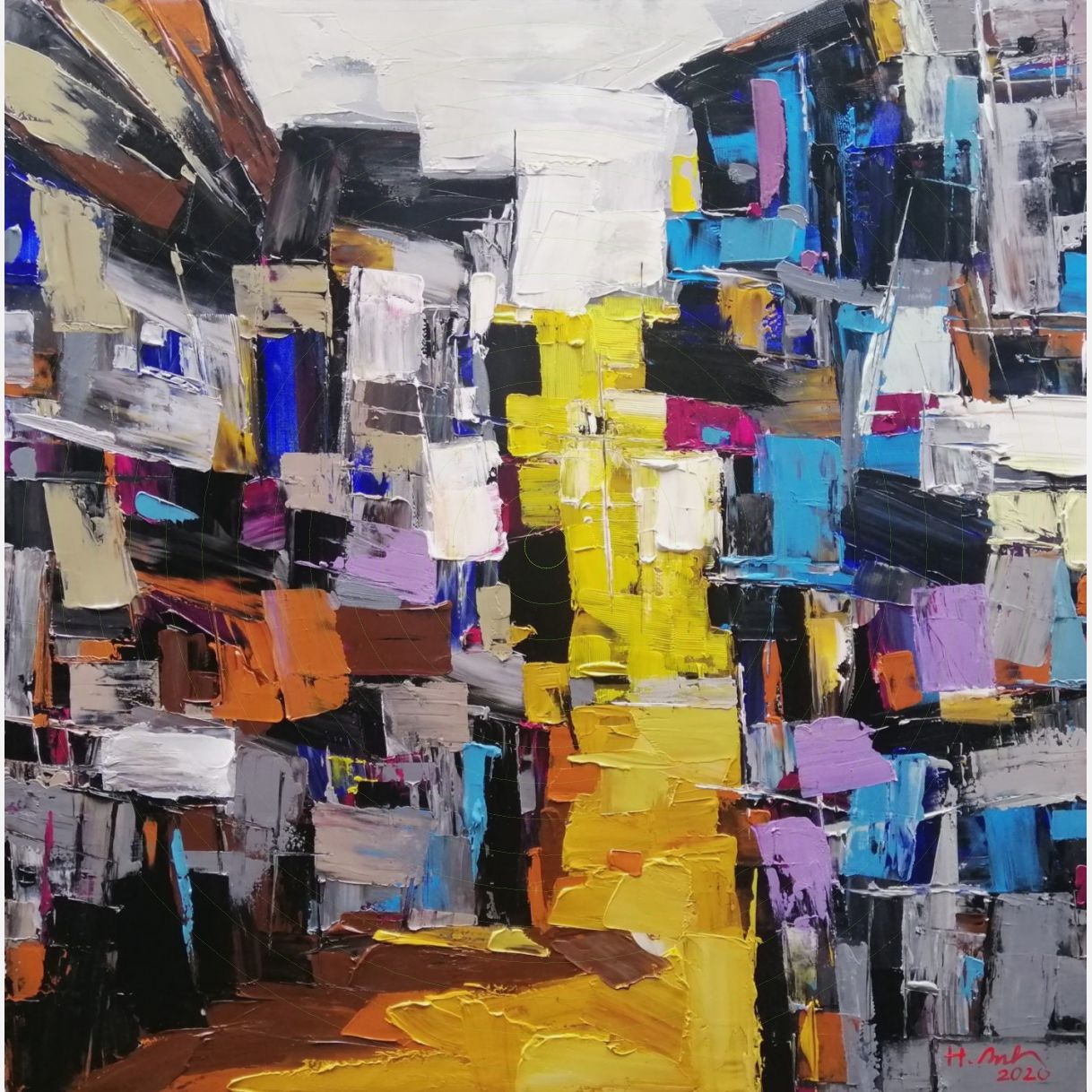 Tranh Acrylic Nắng Hoàng Anh 100x100cm tranh họa sĩ sang trọng 