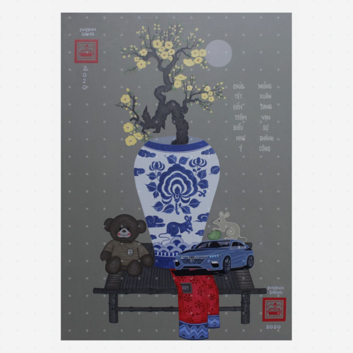 Tranh nghệ thuật tĩnh vật xuân canh tý acrylic ấn tượng 