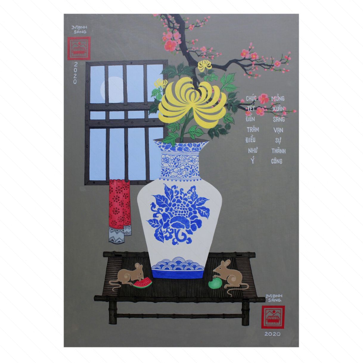 Tranh Nghệ Thuật Tĩnh Vật Xuân Canh Tý Acrylic 60x80cm 