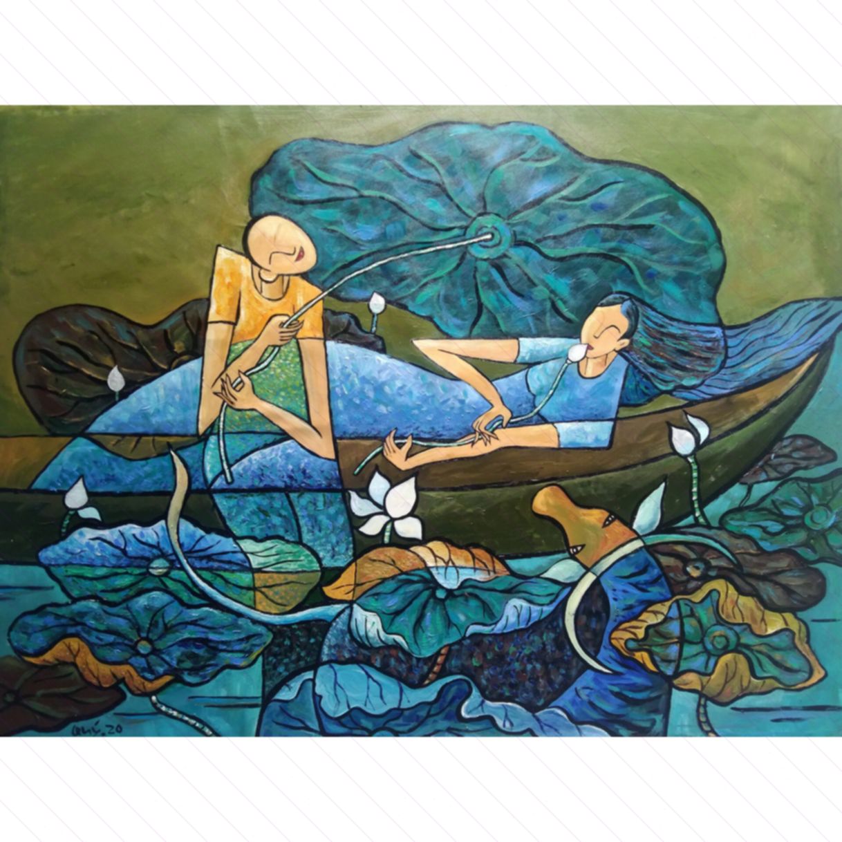 Quang Quý tranh tình duyên quê acrylic 80x100cm sáng tác 