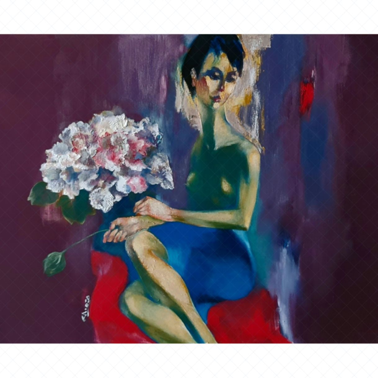 Tranh Acrylic Nguyễn Thịnh Bên Hoa 80x100cm Sáng Tác Độc Quyền 