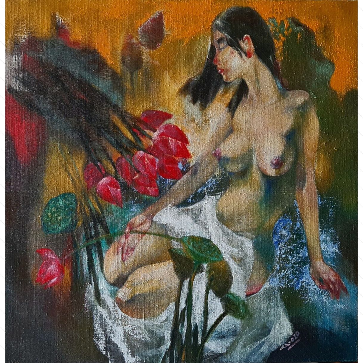 Tranh Mùa Sen Nguyễn Thịnh Acrylic 120x120cm Đẹp 