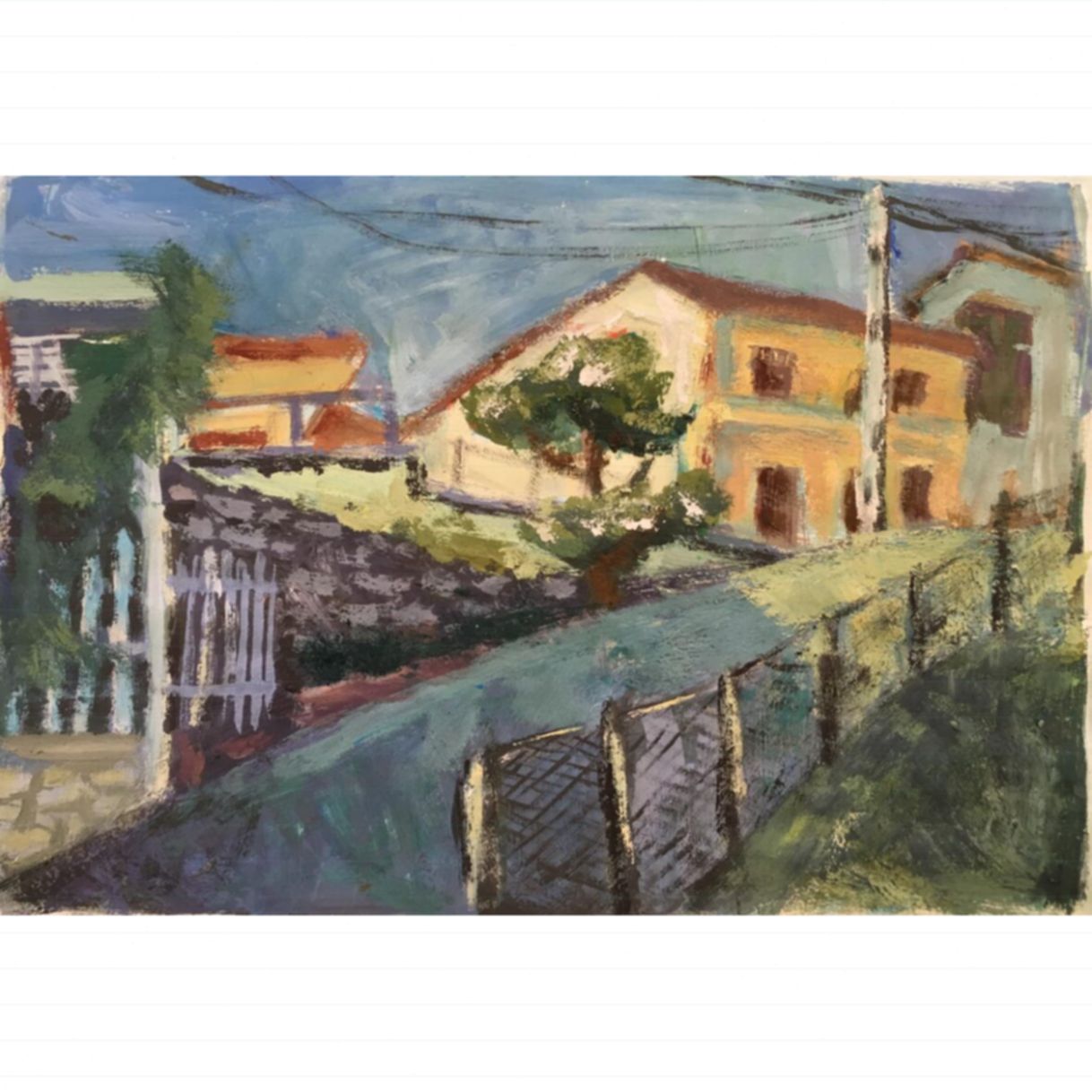 Tranh phong cảnh đường màu xanh gouache độc đáo A4 
