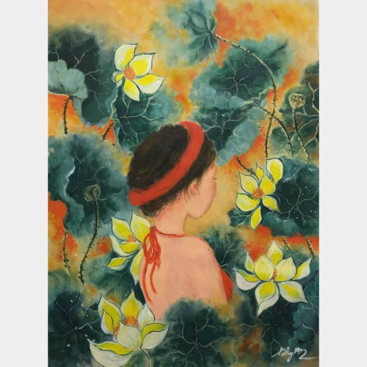 Tranh nghệ thuật nàng sen acrylic trên toan 63x84cm sáng tác 2020 