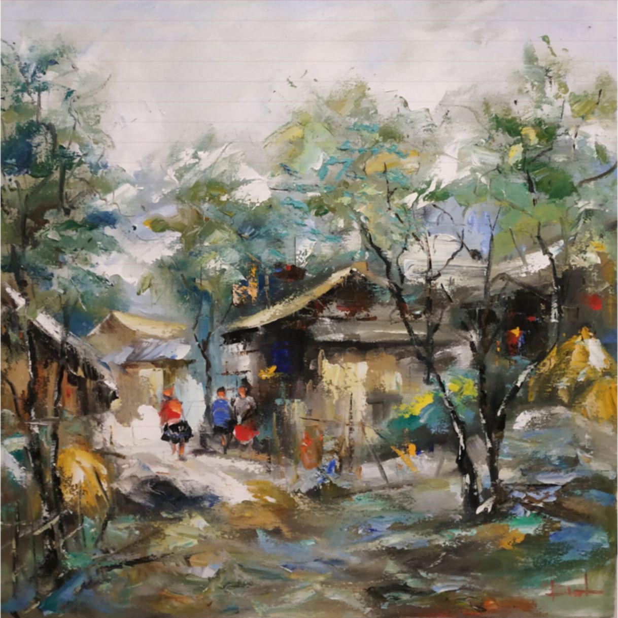 Tranh Phong Cảnh Bản Nhỏ sơn dầu trên toan 100x100cm 