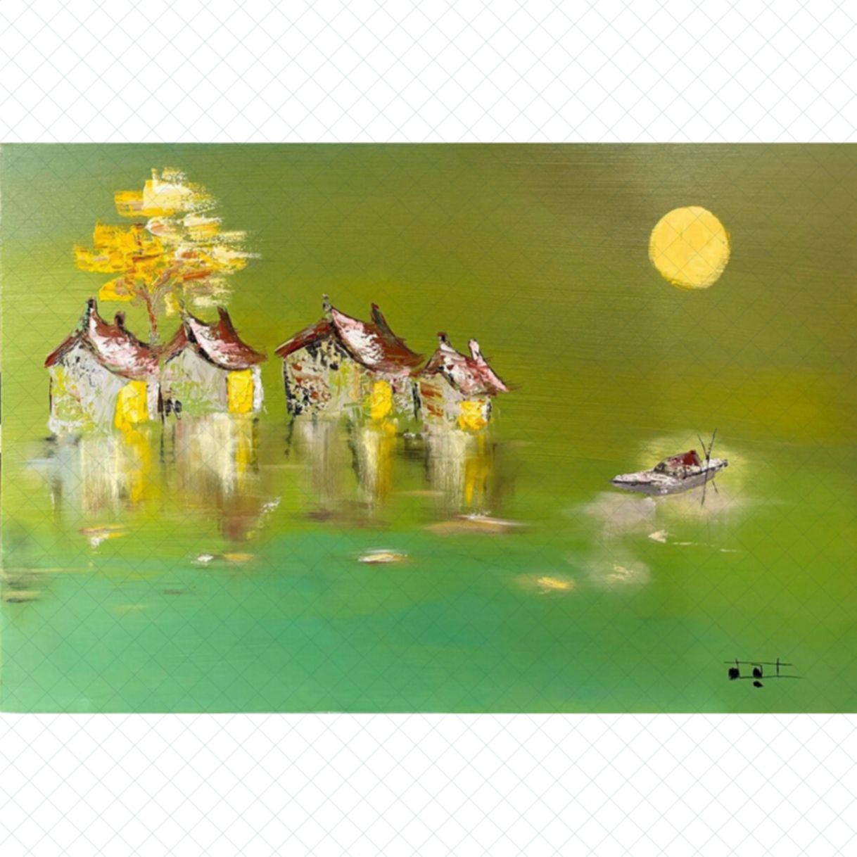 Tranh Acrylic Thuyền Trăng Họa Sĩ Đạt Nguyễn Nét Vẽ Phóng Khoáng 60x90cm 